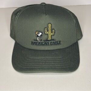 American Eagle AE Peanuts Snoopy Olive Green Embroidered Trucker Hat Western